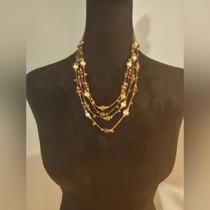 GOLD BROWN AND PEARL MULTI STRANDED ILLUSION  NECKLACE